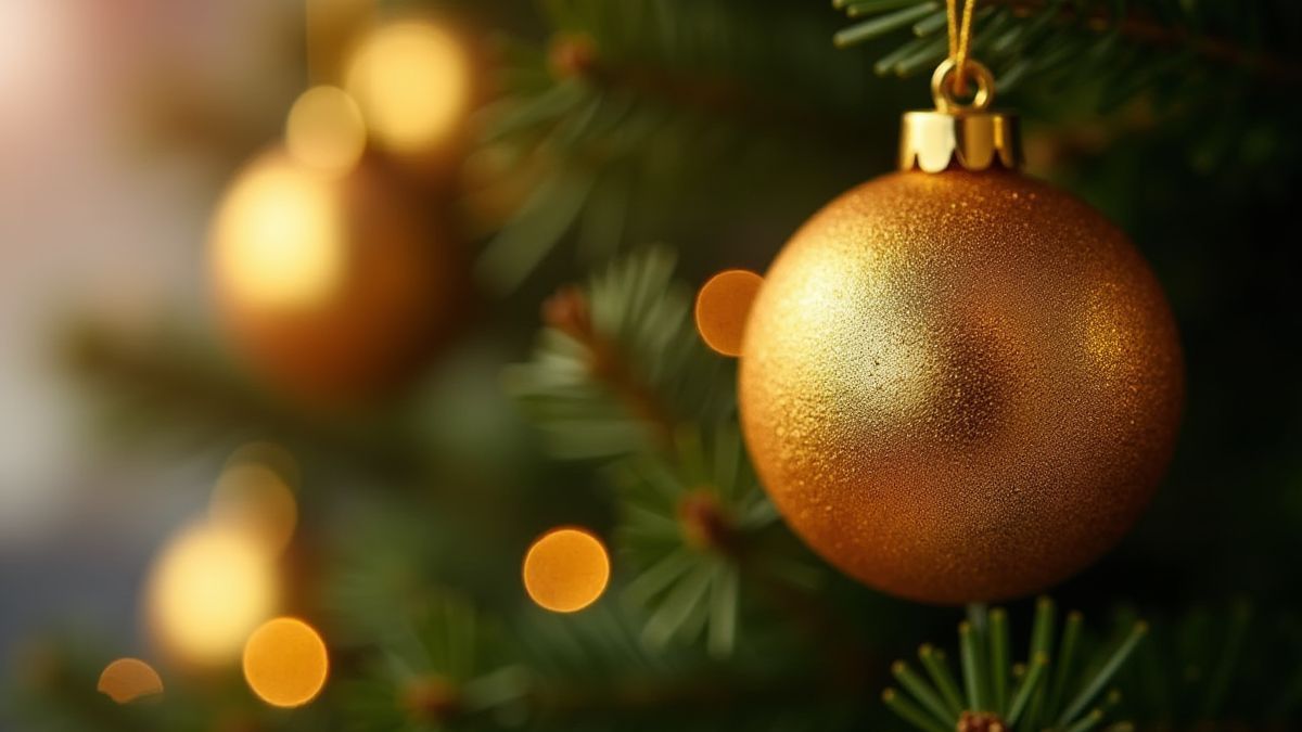 Adorno navideño dorado en un árbol decorado.