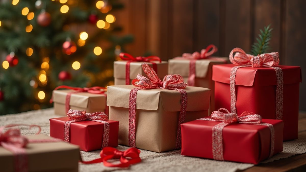 Mesa festiva con regalos navideños envueltos.
