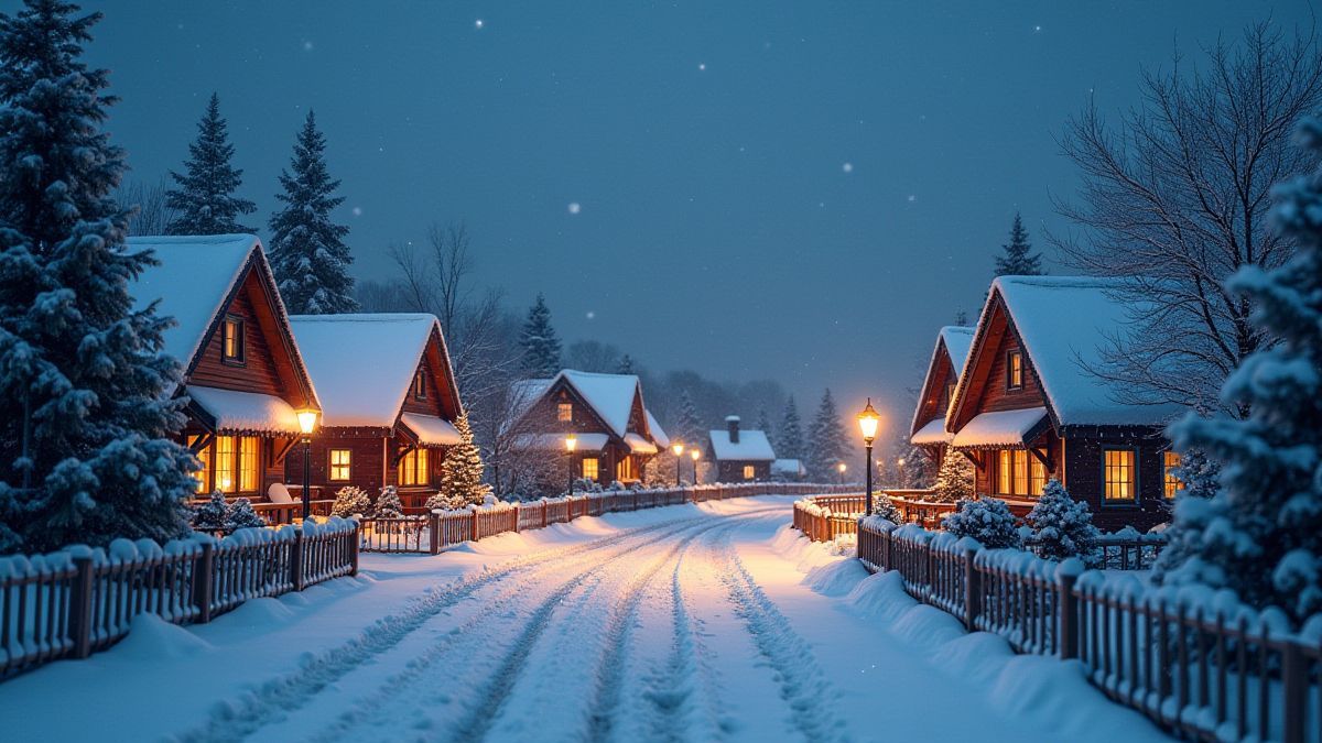 Pueblo navideño cubierto de nieve con luces festivas.