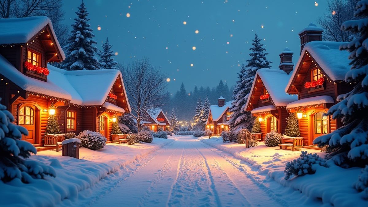 A Christmas village covered in snow with festive lights.
