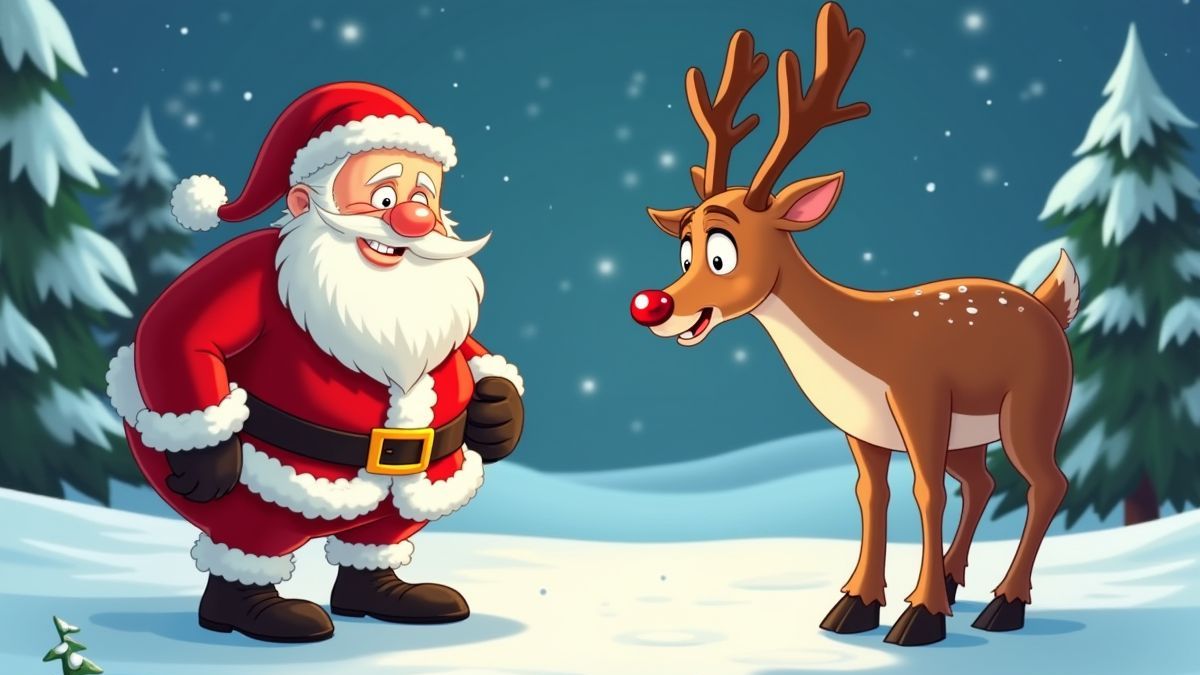 Santa and Rudolph in a fun animated confrontation.
