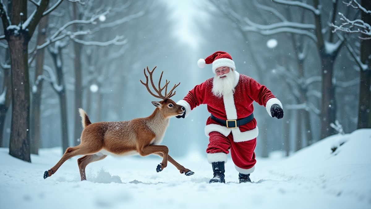 Bosque navideño con Santa y Rudolf jugando.