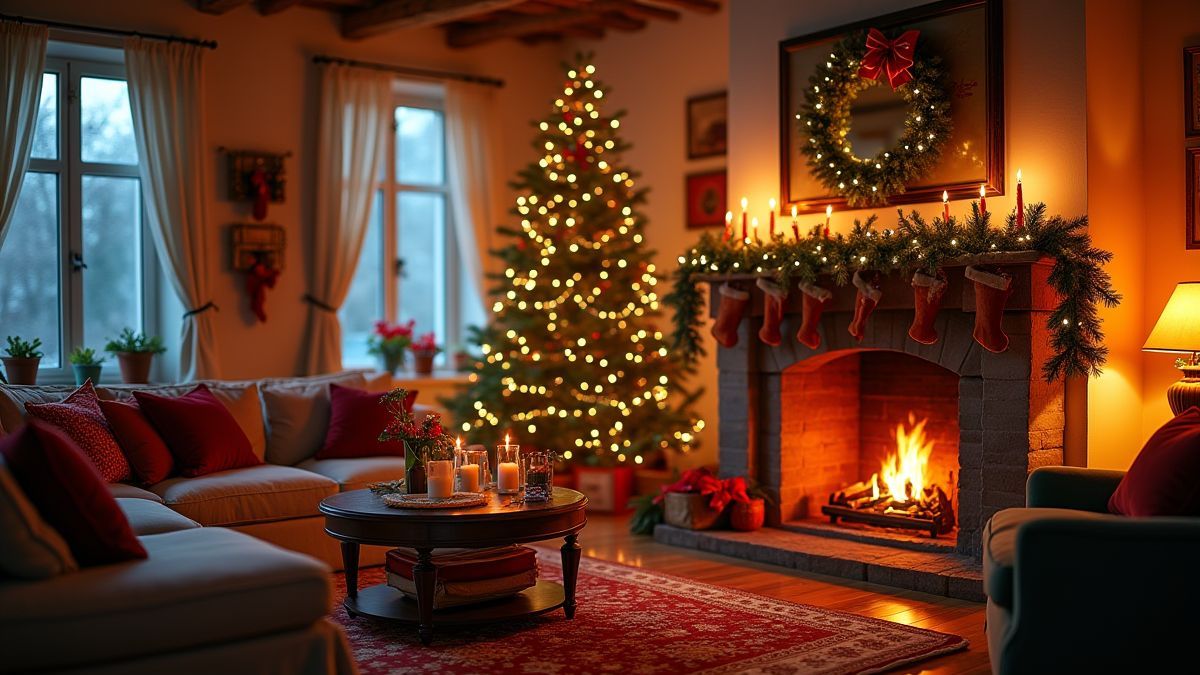 Salón navideño con chimenea y decoraciones.