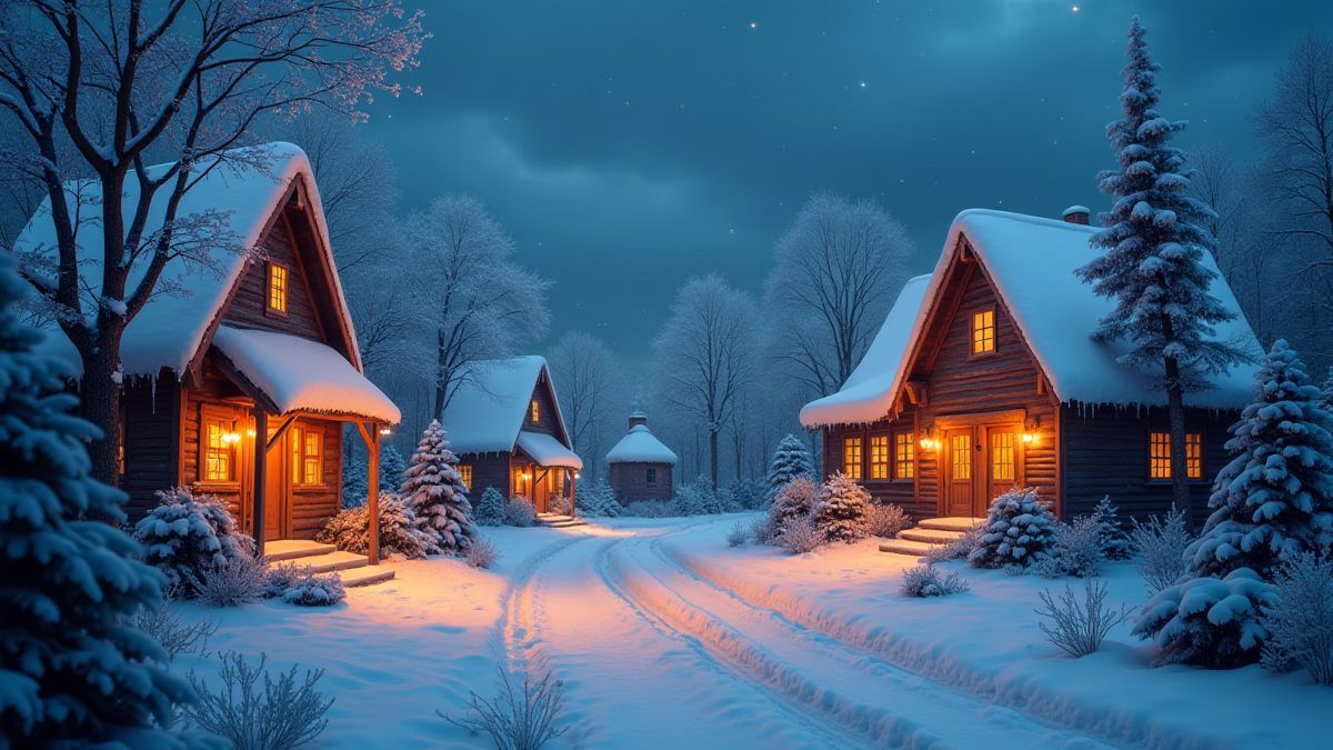 Snow-covered houses with twinkling lights in a Christmas scene.