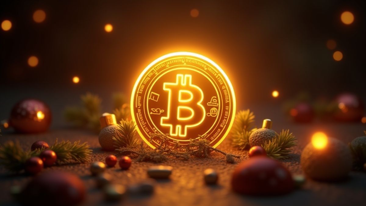 A shiny gold coin surrounded by Christmas decorations.