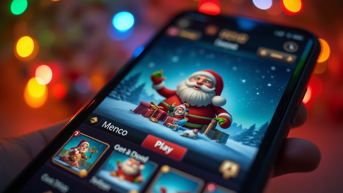 Mobile screen with a festive game interface featuring Christmas symbols.