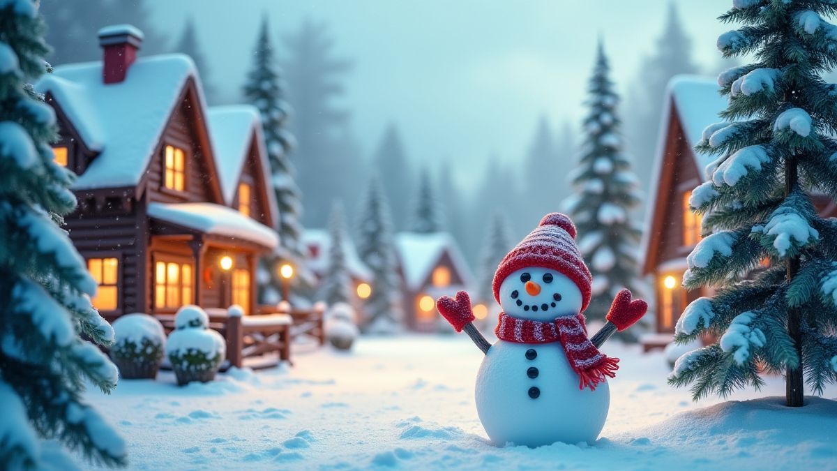 Een besneeuwd dorp versierd met kerstbomen en een blije sneeuwman.