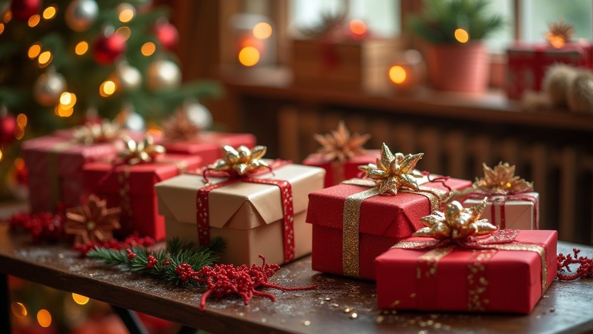 Een tafel vol kerstcadeaus en versieringen.
