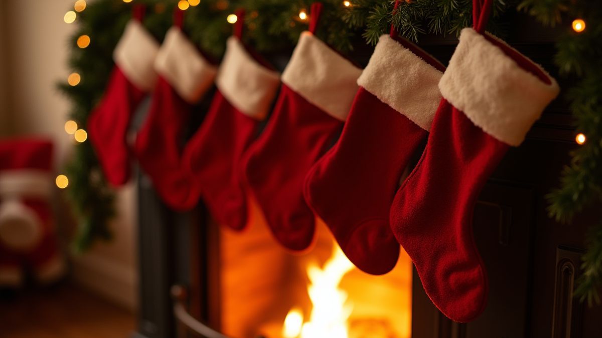 Weihnachtsstrümpfe, die neben einem Kamin hängen.