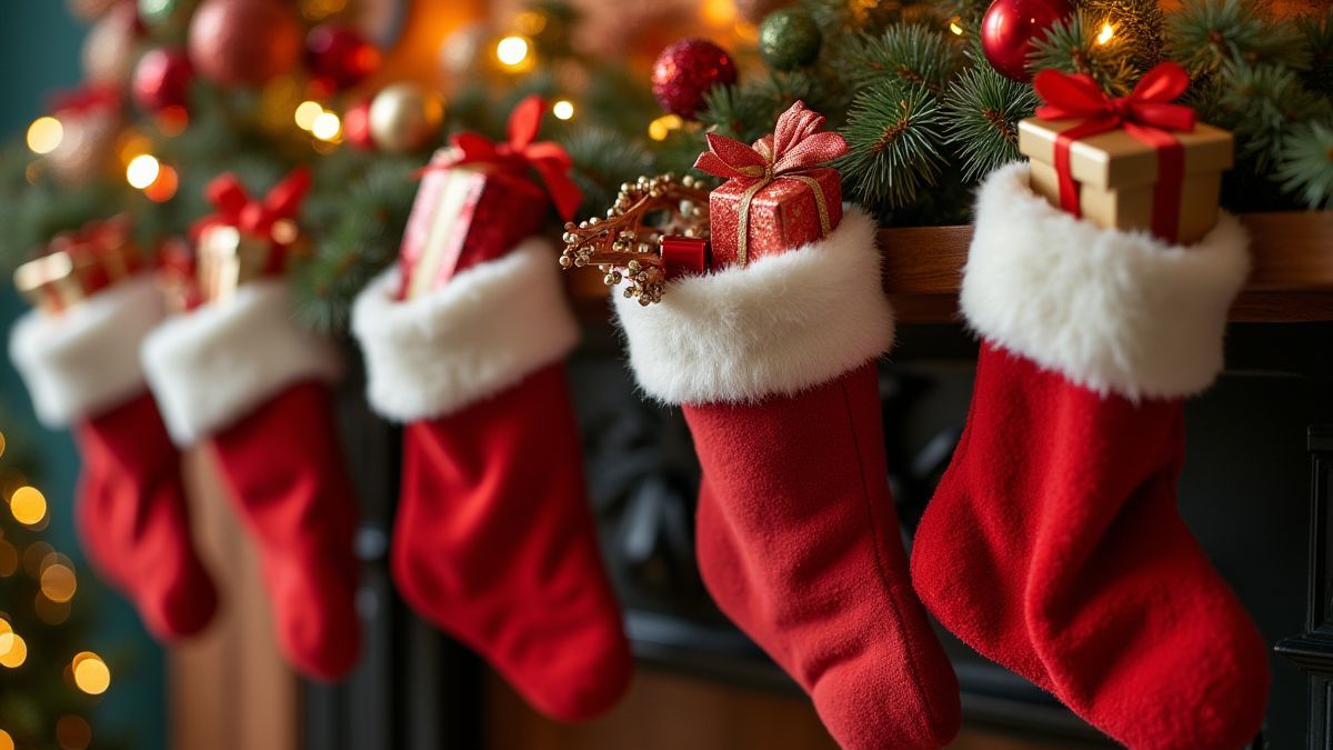 Weihnachtsstrümpfe, die mit Geschenken überquellen, auf einem Kaminsims.