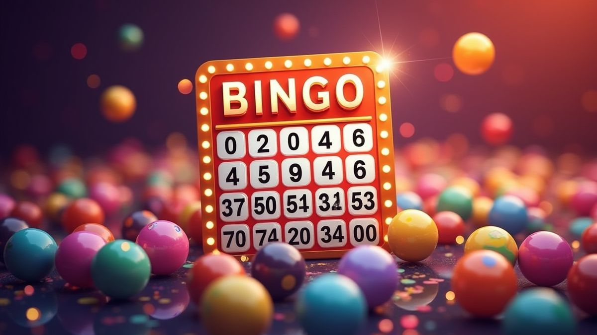 Cartón de bingo rodeado de bolas coloridas y un cartel de jackpot brillante