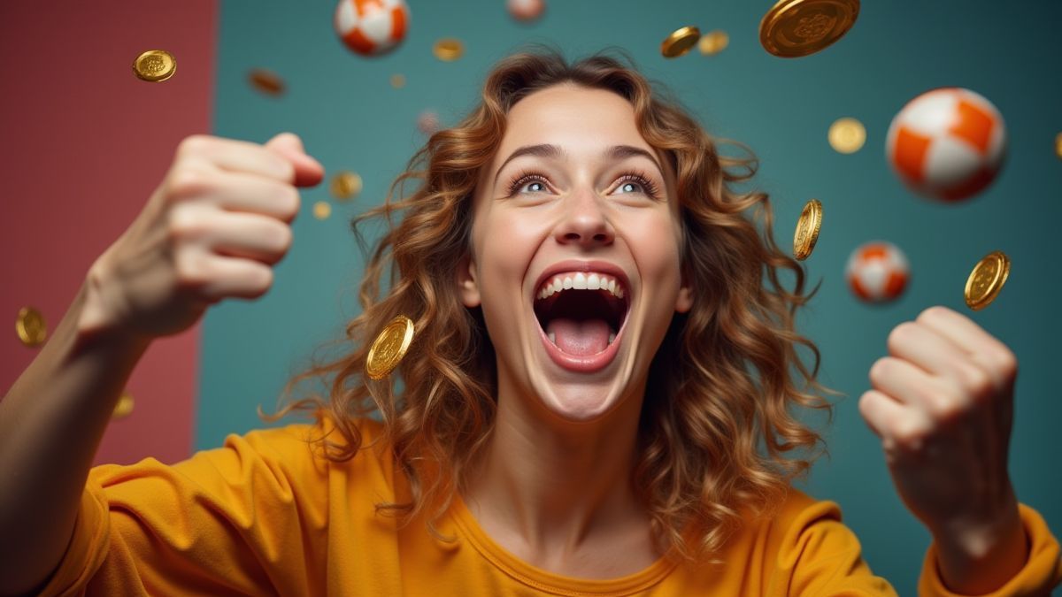 Jugador alegre celebrando una victoria en bingo con monedas volando