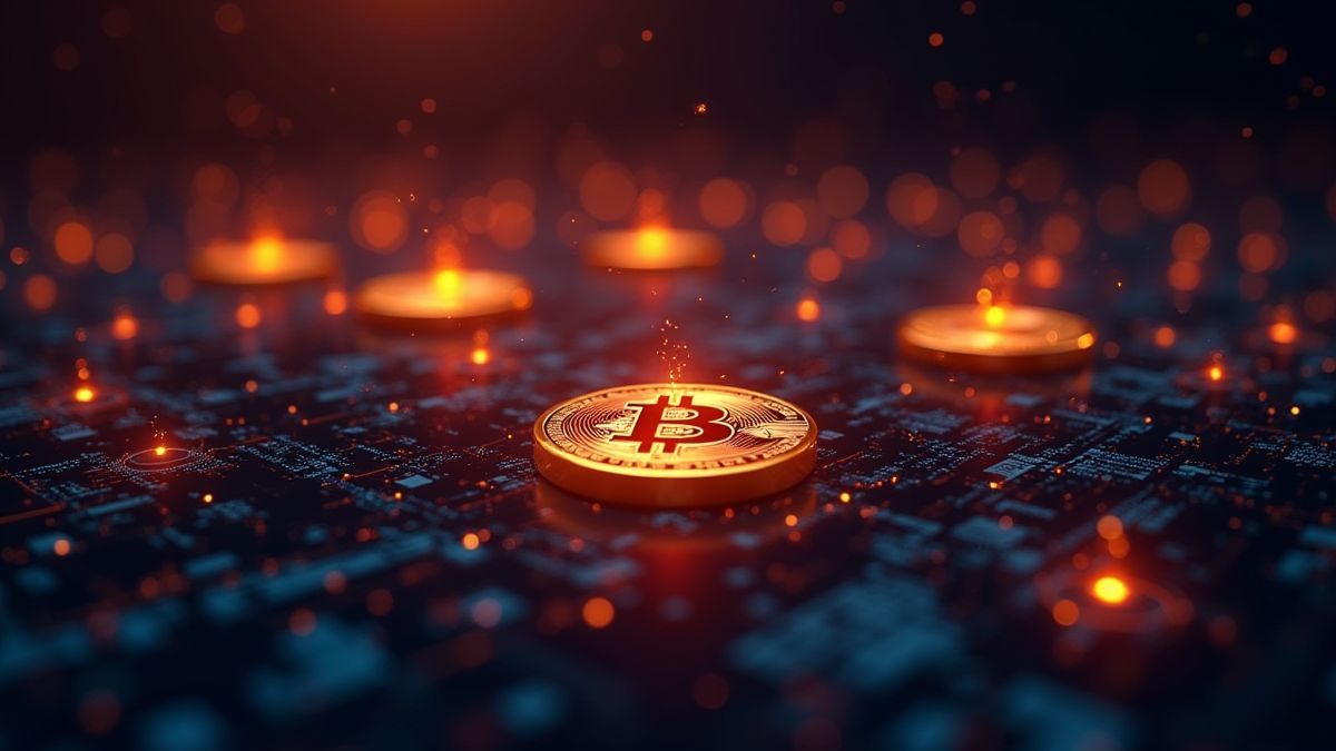 Bitcoins, die in einer digitalen Matrix leuchten.