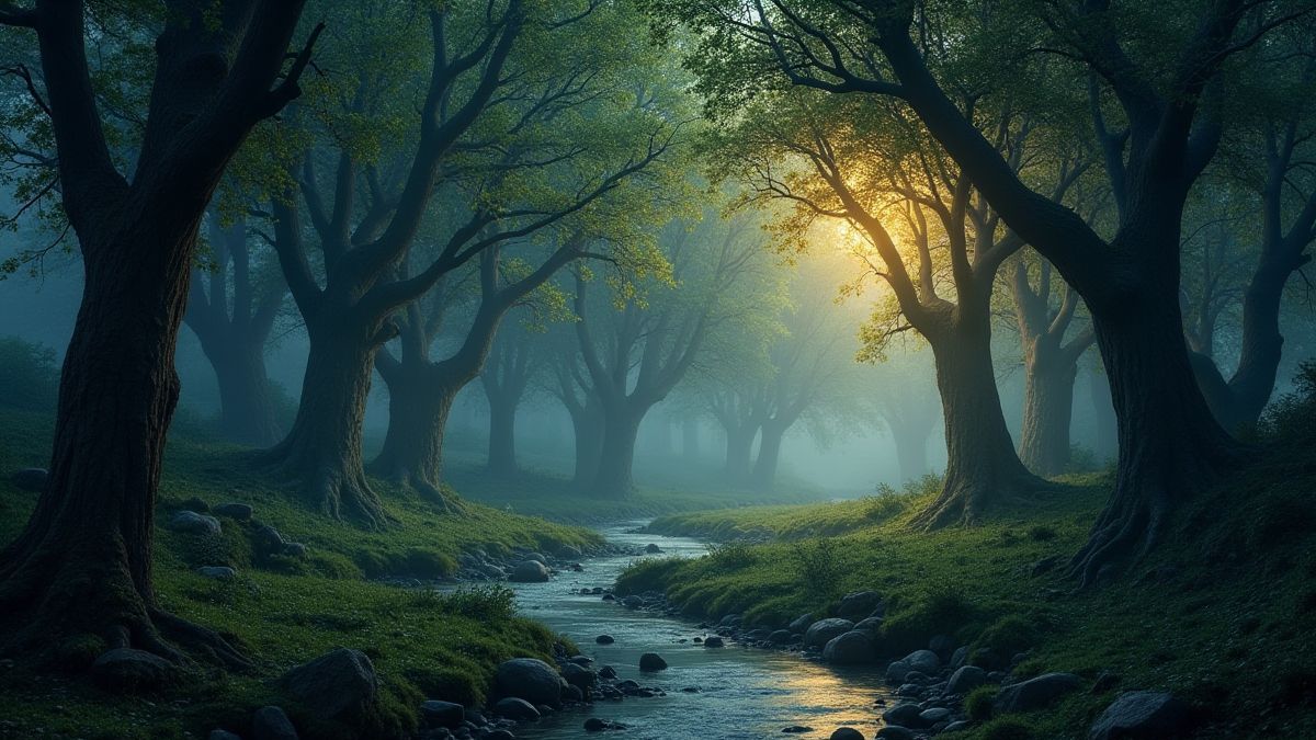 Bosque griego místico con árboles resplandecientes y un arroyo tranquilo.