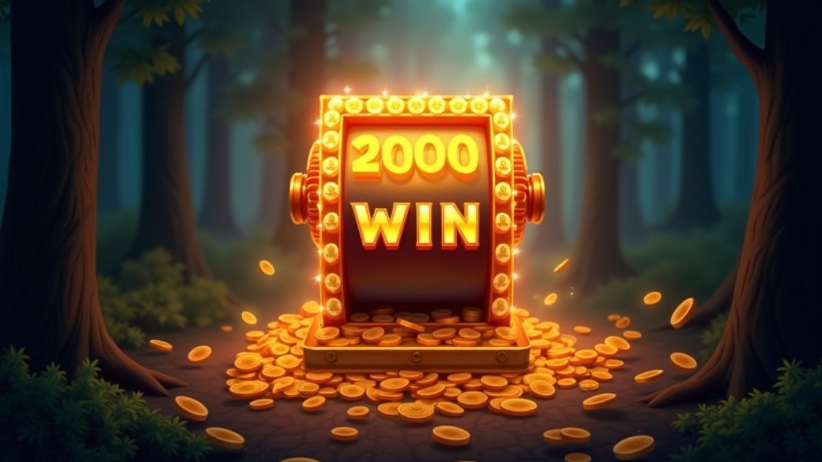 Ganancia pequeña con monedas y fondo de bosque resplandeciente.