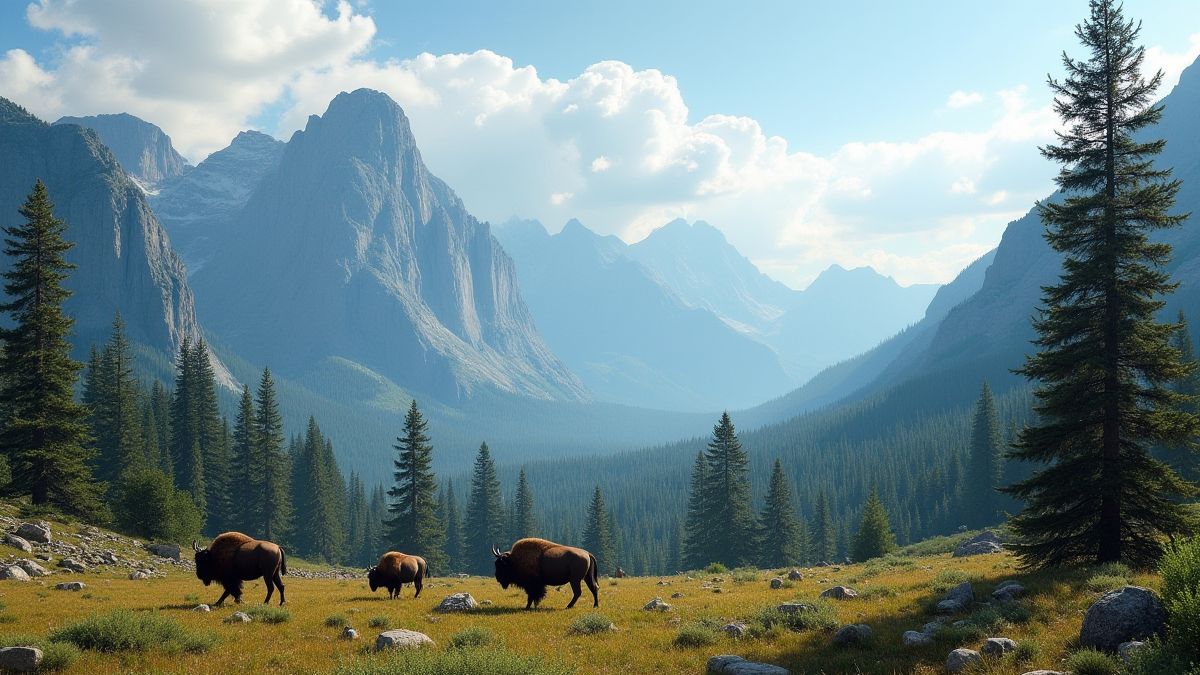 Panoramisch uitzicht op de Amerikaanse natuur met bergen en buffels.