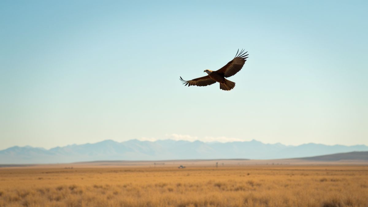 Adelaar die boven een uitgestrekte prairie vliegt.