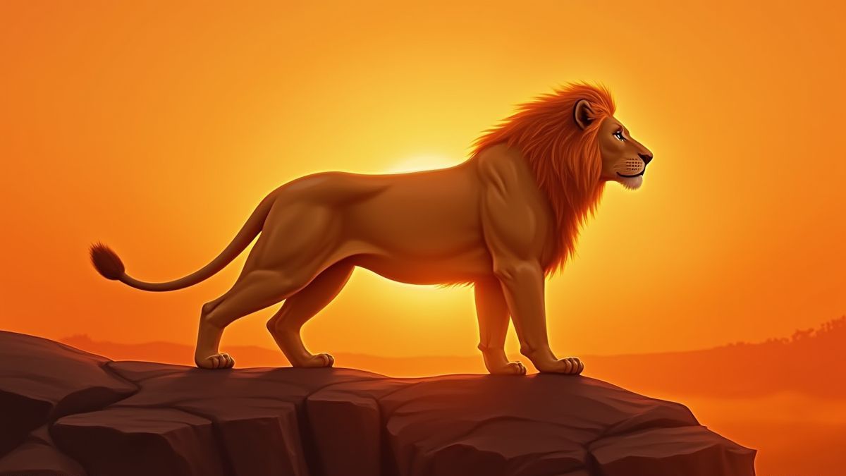 A majestic lion on a rock at sunset.