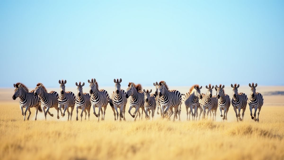 A herd of zebras running across the savanna.