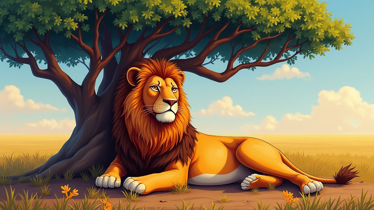 Un lion africain reposant sous un arbre d'acacia.