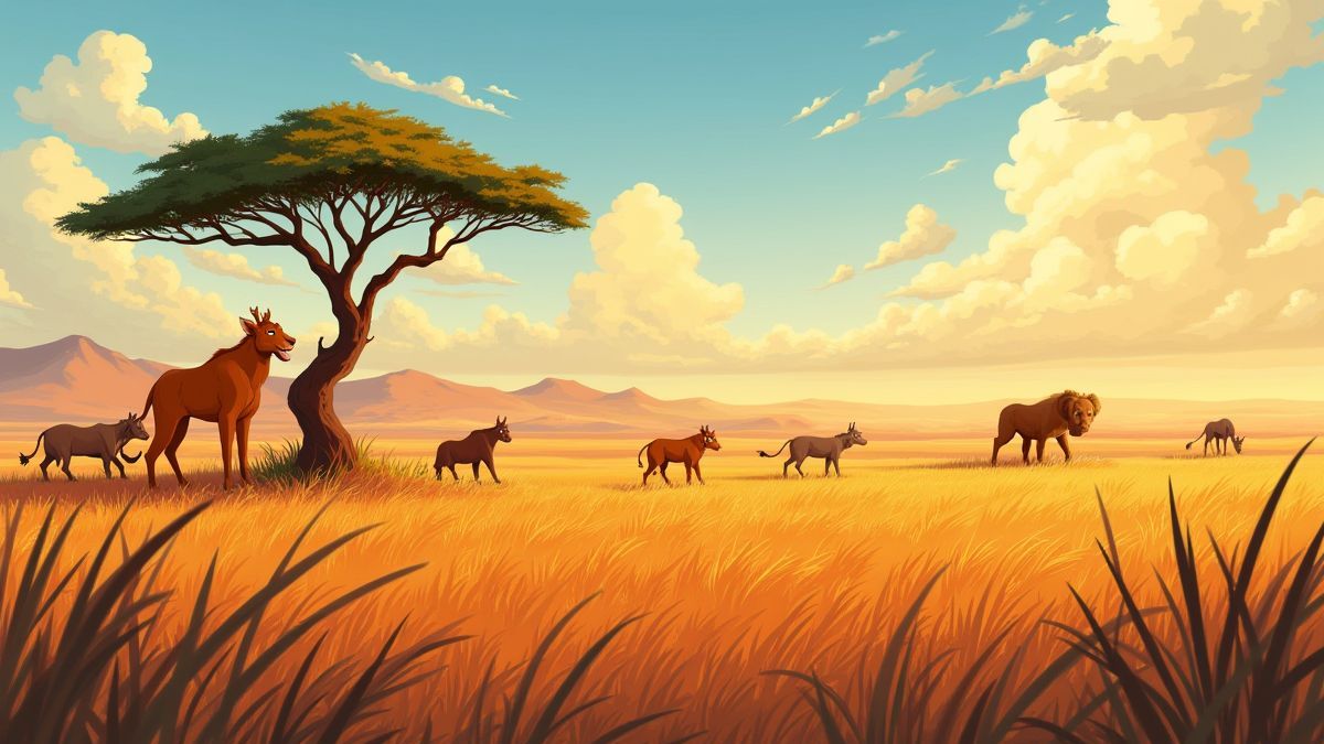 Savane africaine avec des couleurs vibrantes et des textures détaillées.