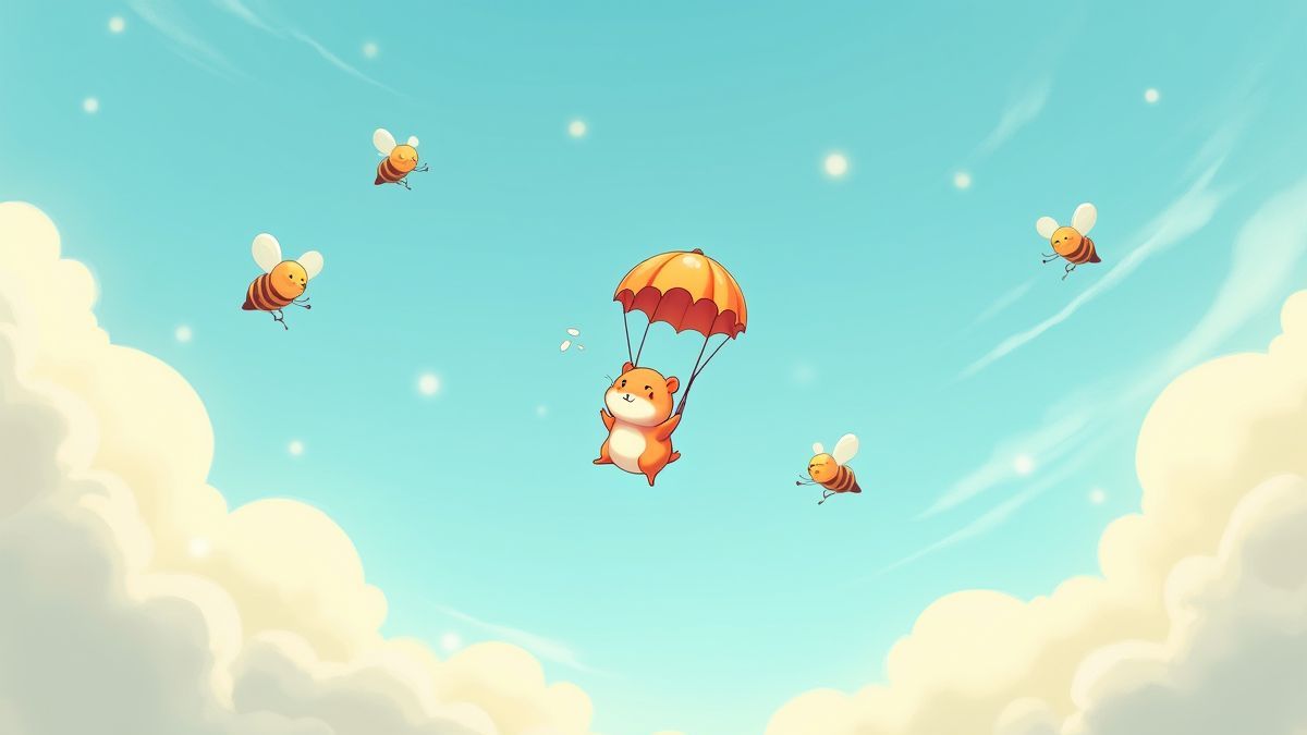 Een kleurrijke lucht met een hamster die parachuteert, omringd door blije bijen en vogels.