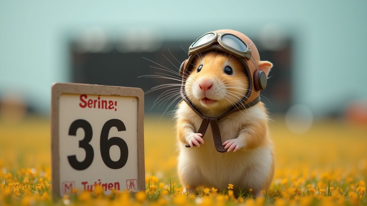 Een hamster met een pilotenhelm naast een scorebord in een kleurrijk grasveld.