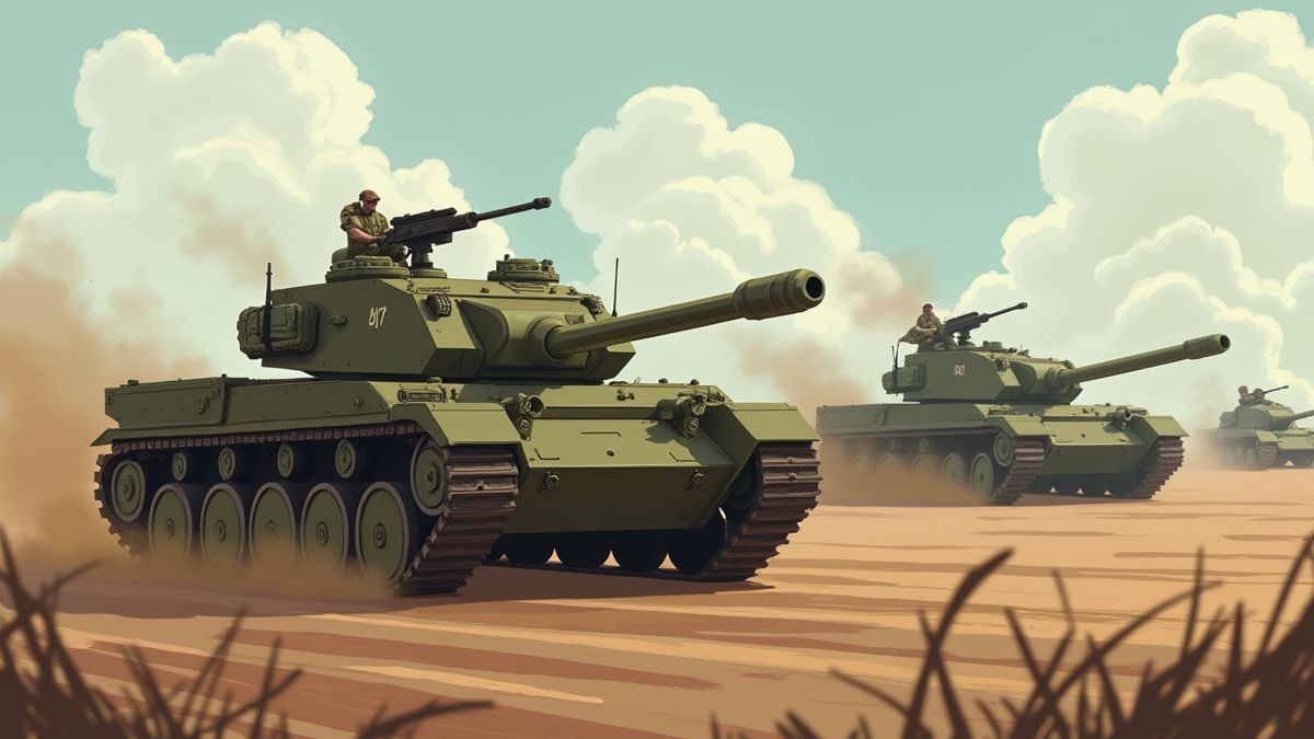 Geanimeerd militair ontwerp met tanks en wapens.