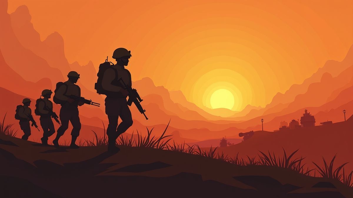 Geanimeerde soldaten in gevechtsuitrusting op een slagveld bij zonsondergang.