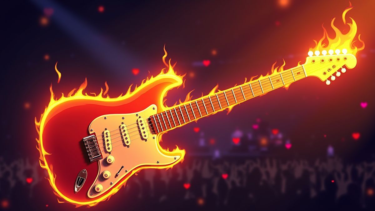 Guitare électrique en flammes avec des lumières de concert en arrière-plan.