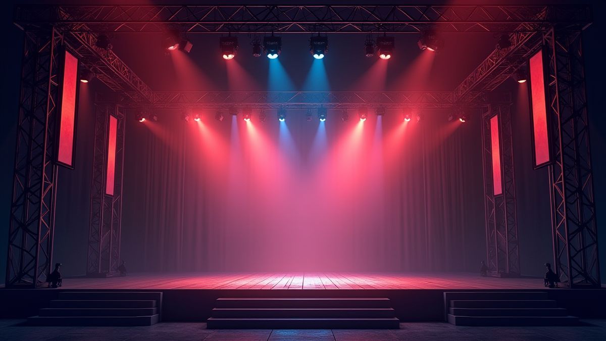 Scène de concert avec des textures métalliques et des lumières brillantes.