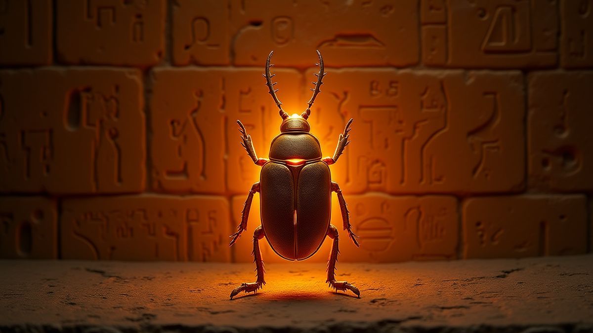 Escarabajo brillante frente a una pared de jeroglíficos egipcios