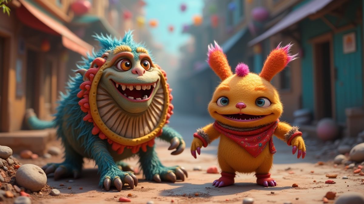 A colorful monster next to a spinning wheel in an animated environment.