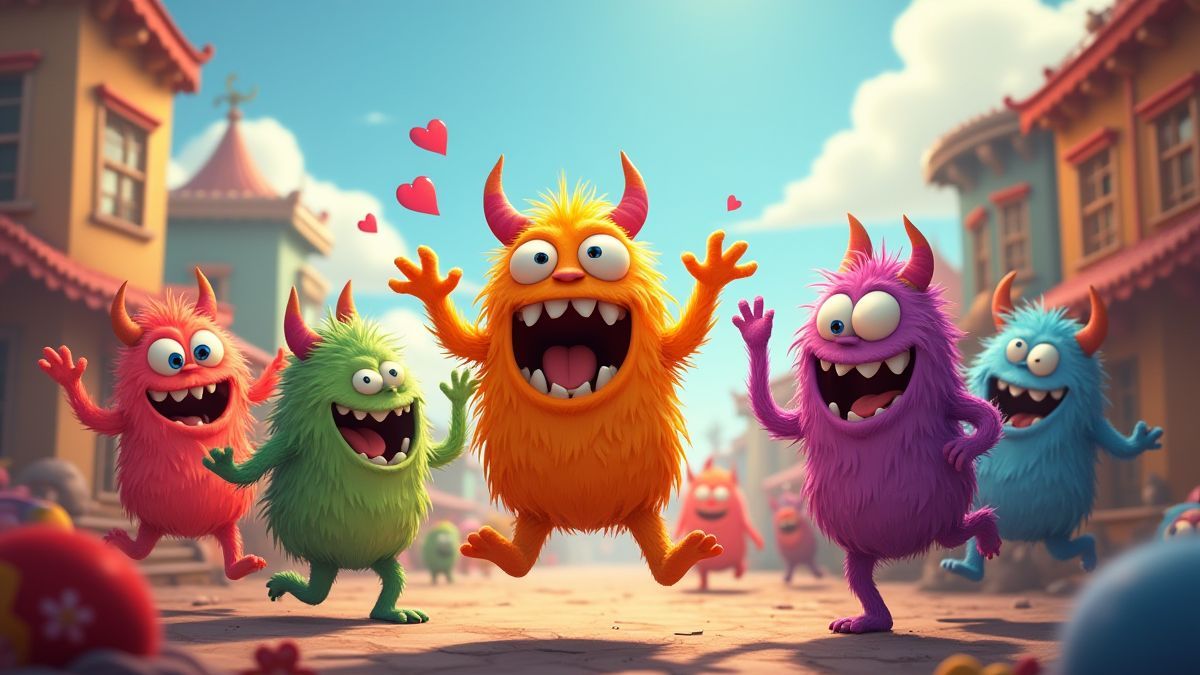 Colorful monsters dancing and jumping in an animated background.