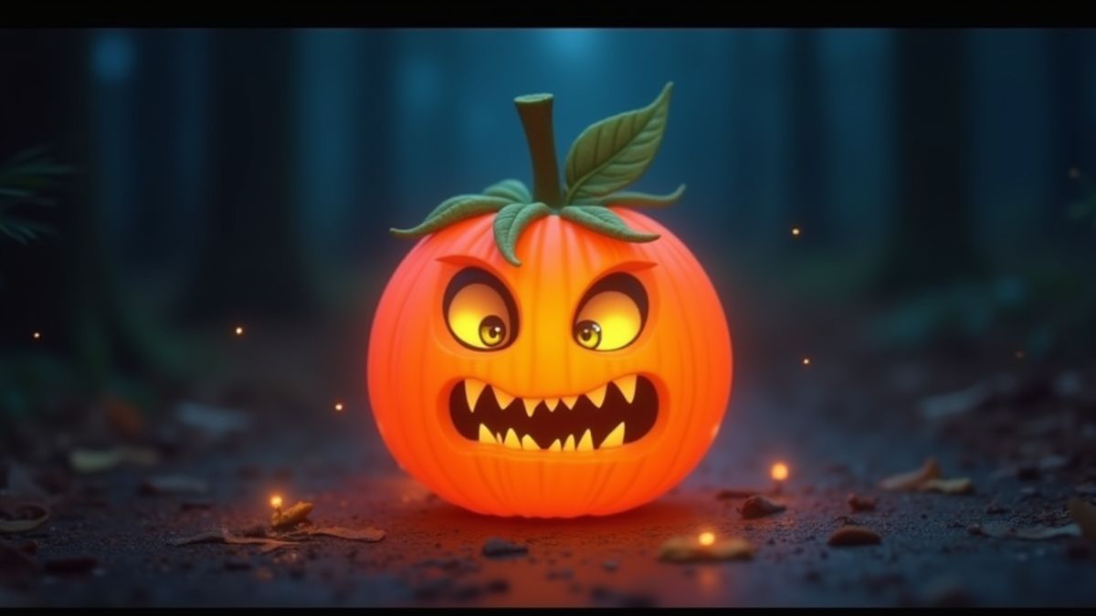 Fruta animada con un toque espeluznante, brillando en la oscuridad.