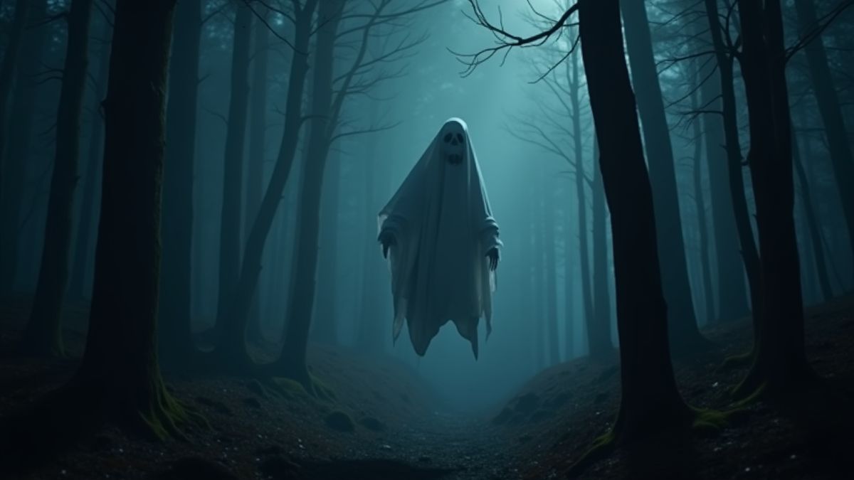 Un fantasma espeluznante flotando en un bosque oscuro por la noche.