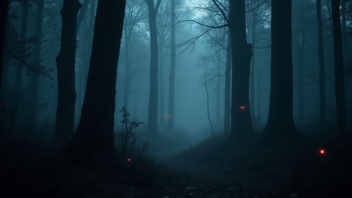 Forêt sombre avec brouillard inquiétant et yeux rouges brillants entre les arbres.