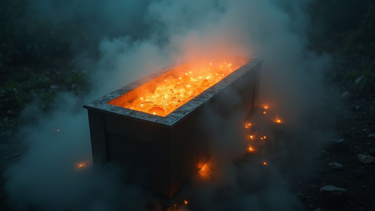 Cercueil brillant entouré de brouillard et de lumières mystérieuses.