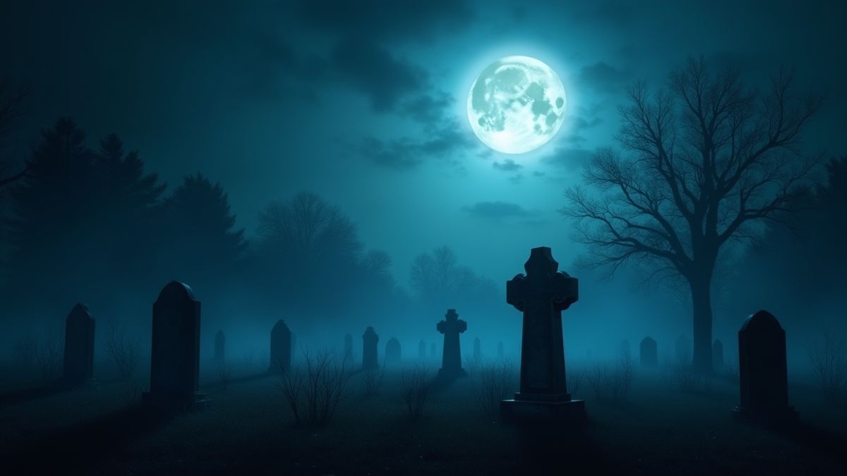 Cimetière illuminé par la lune avec pierres tombales et brouillard brillant.