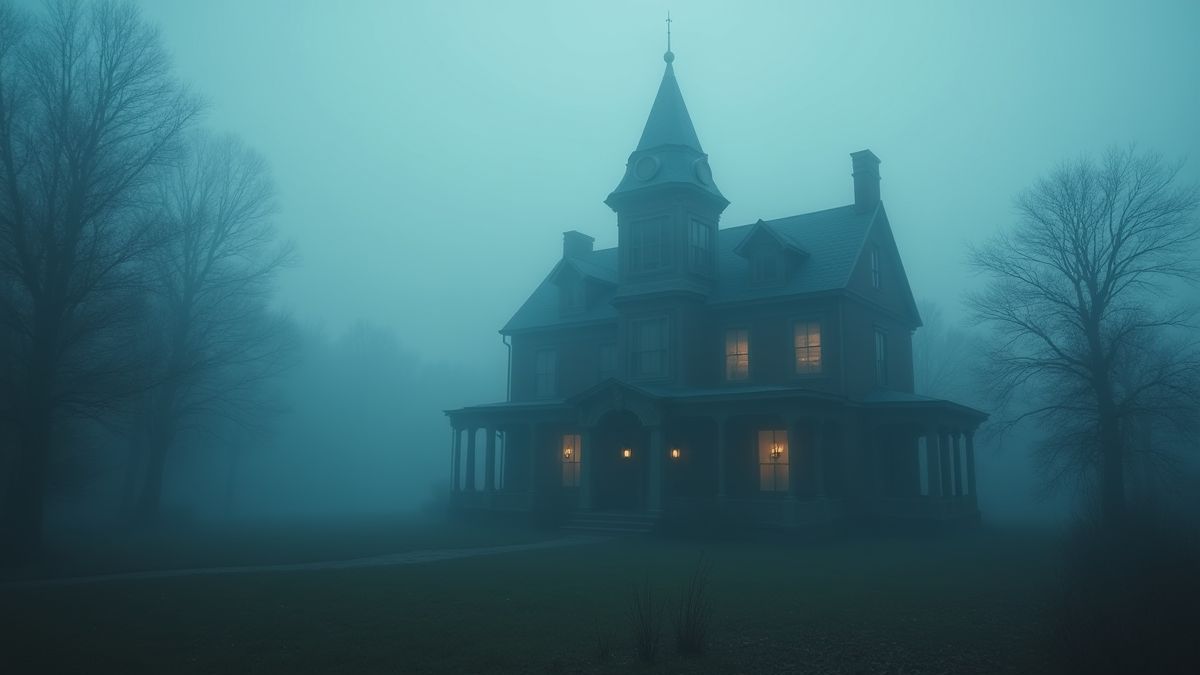 A haunted mansion surrounded by fog.