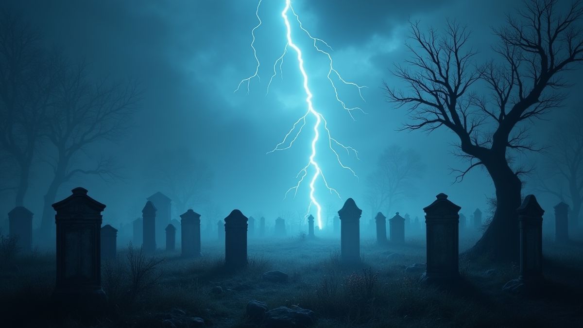 Un cementerio embrujado con lápidas y relámpagos en el cielo.