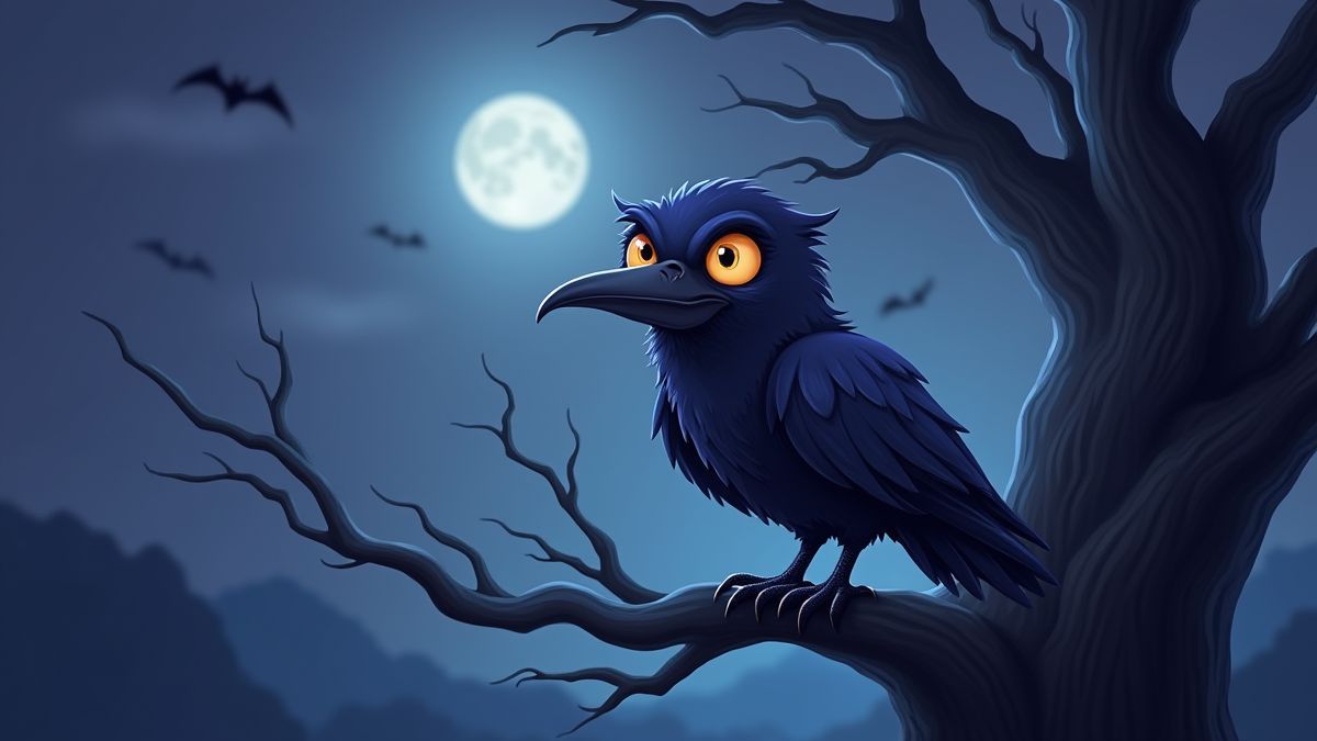 Un cuervo animado posado en un árbol embrujado.