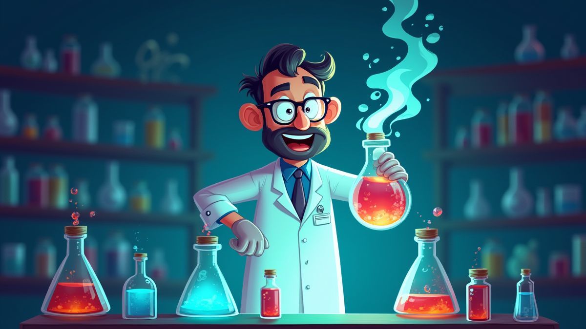 Animierter Wissenschaftler mit einem leuchtenden Trank im Labor