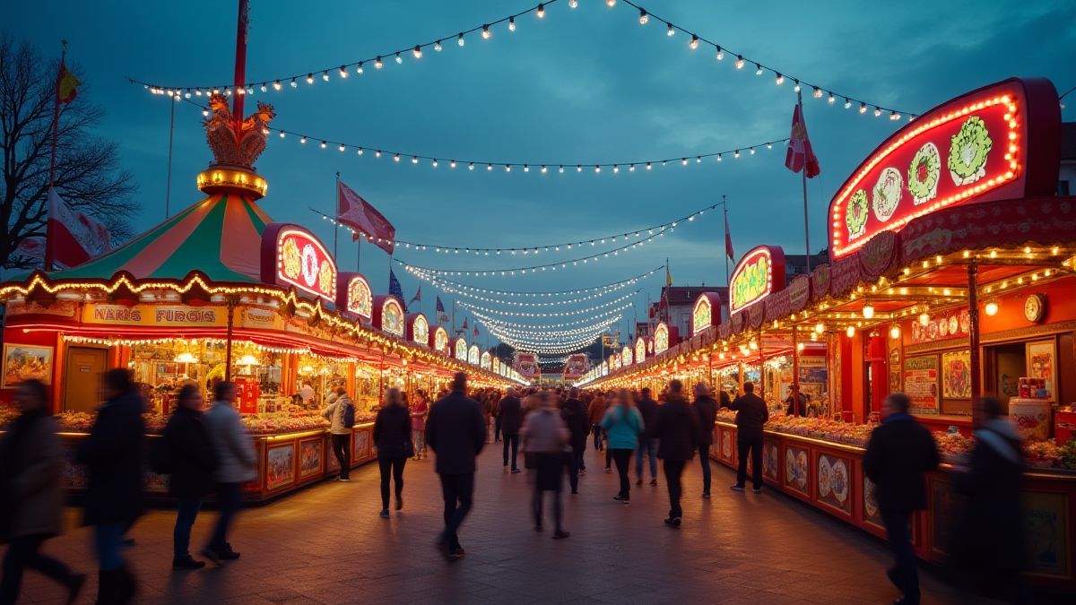 Szene eines lebhaften Jahrmarkts bei Sonnenuntergang mit Lichtern und bunten Ständen.