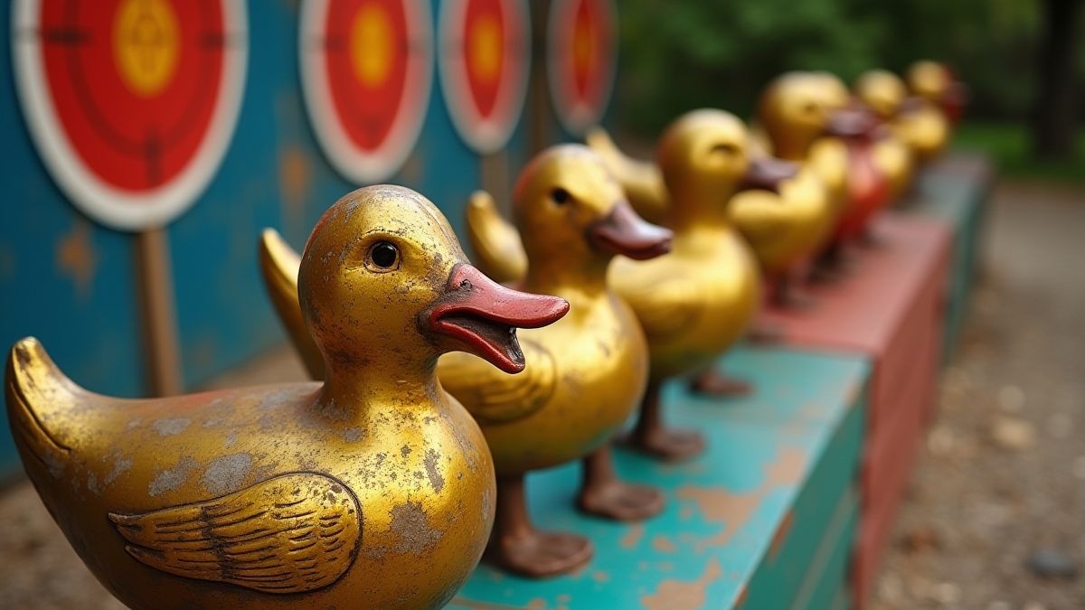Una galería de tiros con patos metálicos como objetivos.