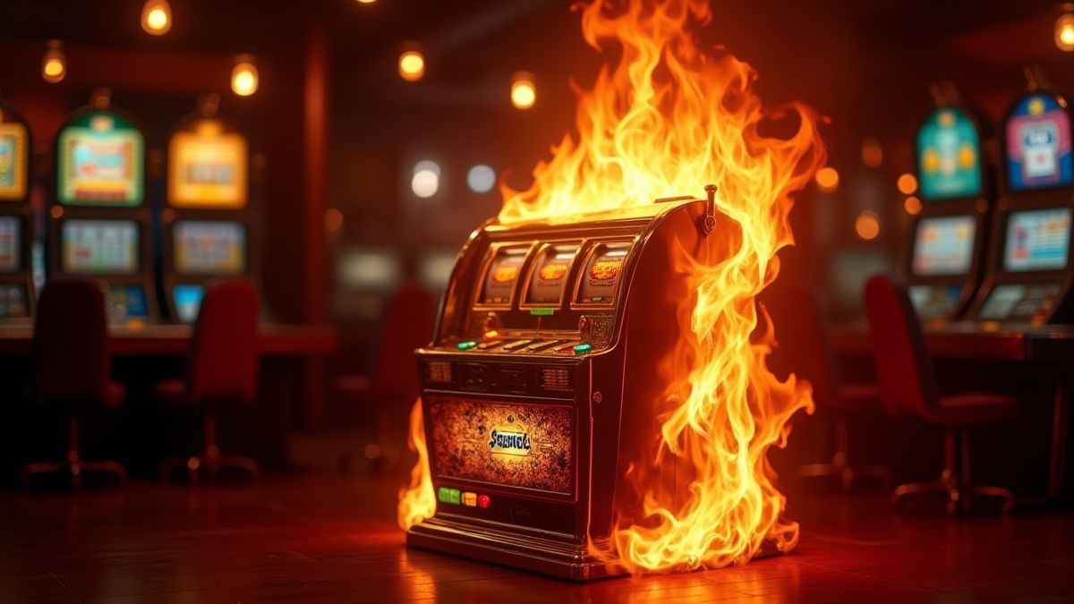 Máquina tragamonedas clásica envuelta en llamas en un casino oscuro