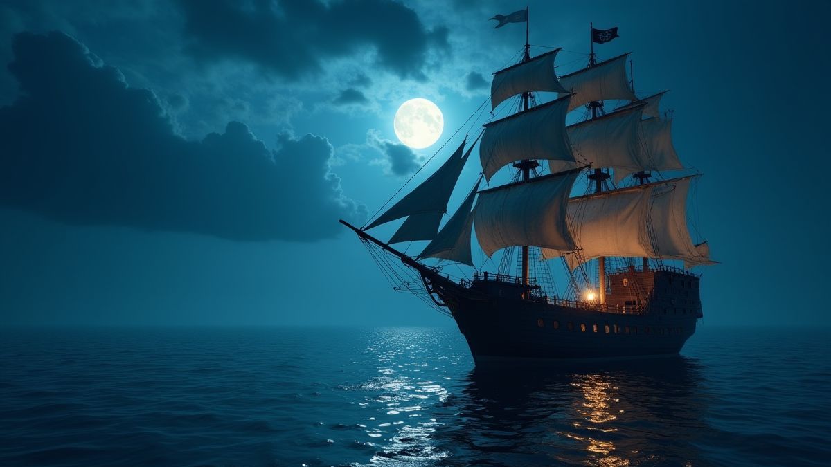 Barco pirata navegando sob a luz da lua com um cofre do tesouro na coberta.