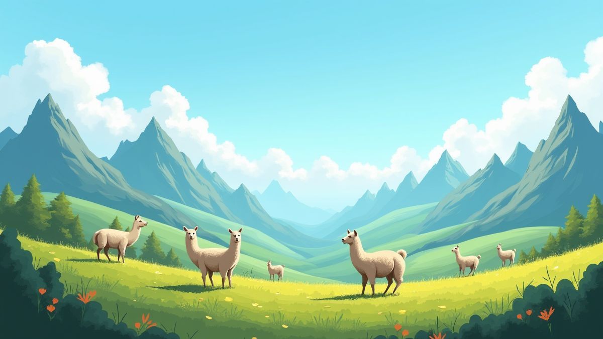 Eine animierte Landschaft mit Alpacas, die unter einem sonnigen Himmel in den Bergen grasen.