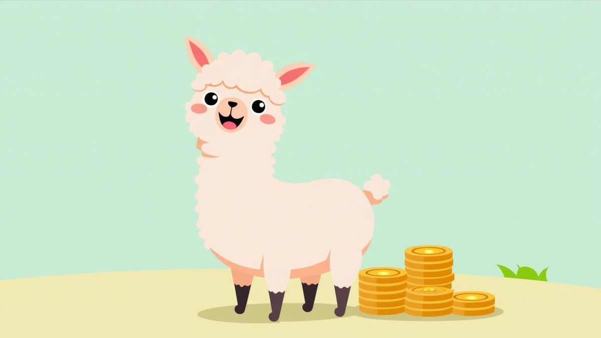 Ein verspieltes Alpaka neben einem Münzhaufen im cartoonhaften Stil.