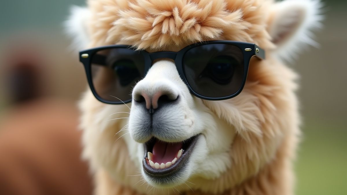 Una alpaca esponjosa con gafas de sol sonriendo juguetonamente.